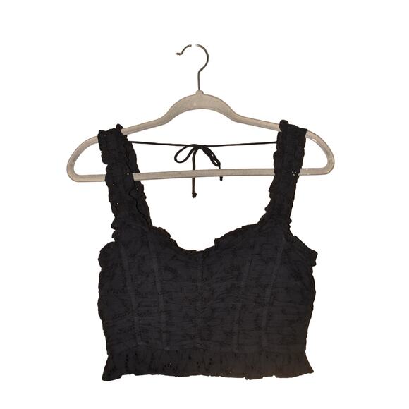 URBAN OUTFITTERS $59 Black Ruffle Embroidered Cropped Tank Smocked Small - Picture 1 of 3